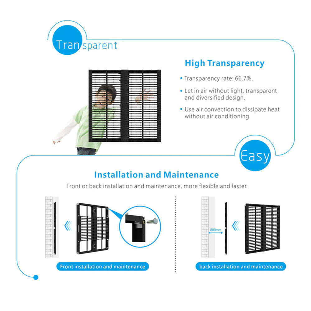 oClear Pro Series Outdoor Waterpoof P15.6/15.6mm Transparent LED Mesh Display High Brightness 6800nits in Size 1000x1000mm Aluminum Cabinet for Fixed Installation - Image 7