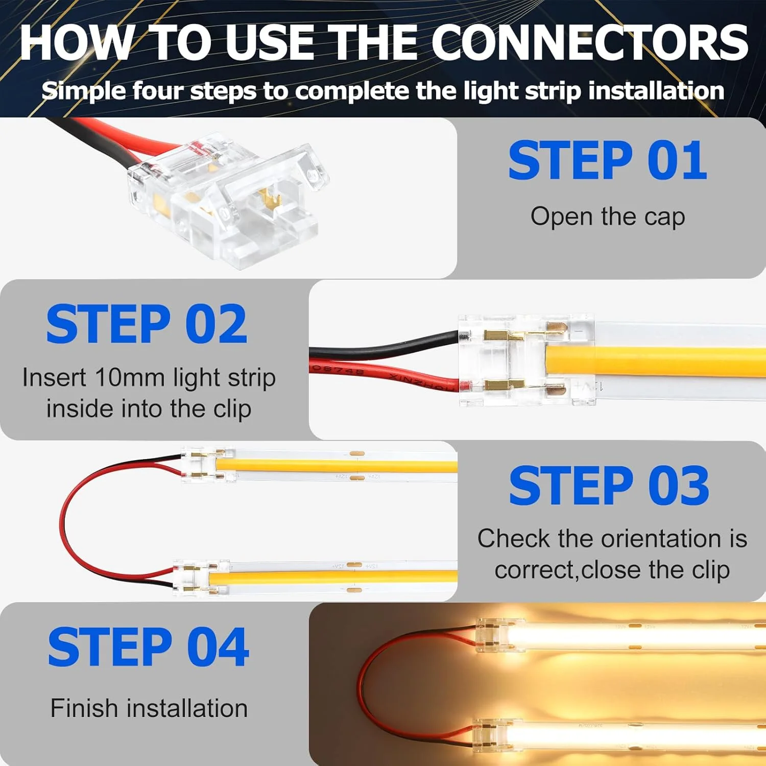 Transparent Crystal LED Strip Connectors – 10mm 2Pin Solderless Clips | Strip to Wire / Strip to Strip / DC Adapter – Local Stock US/UK - Image 11