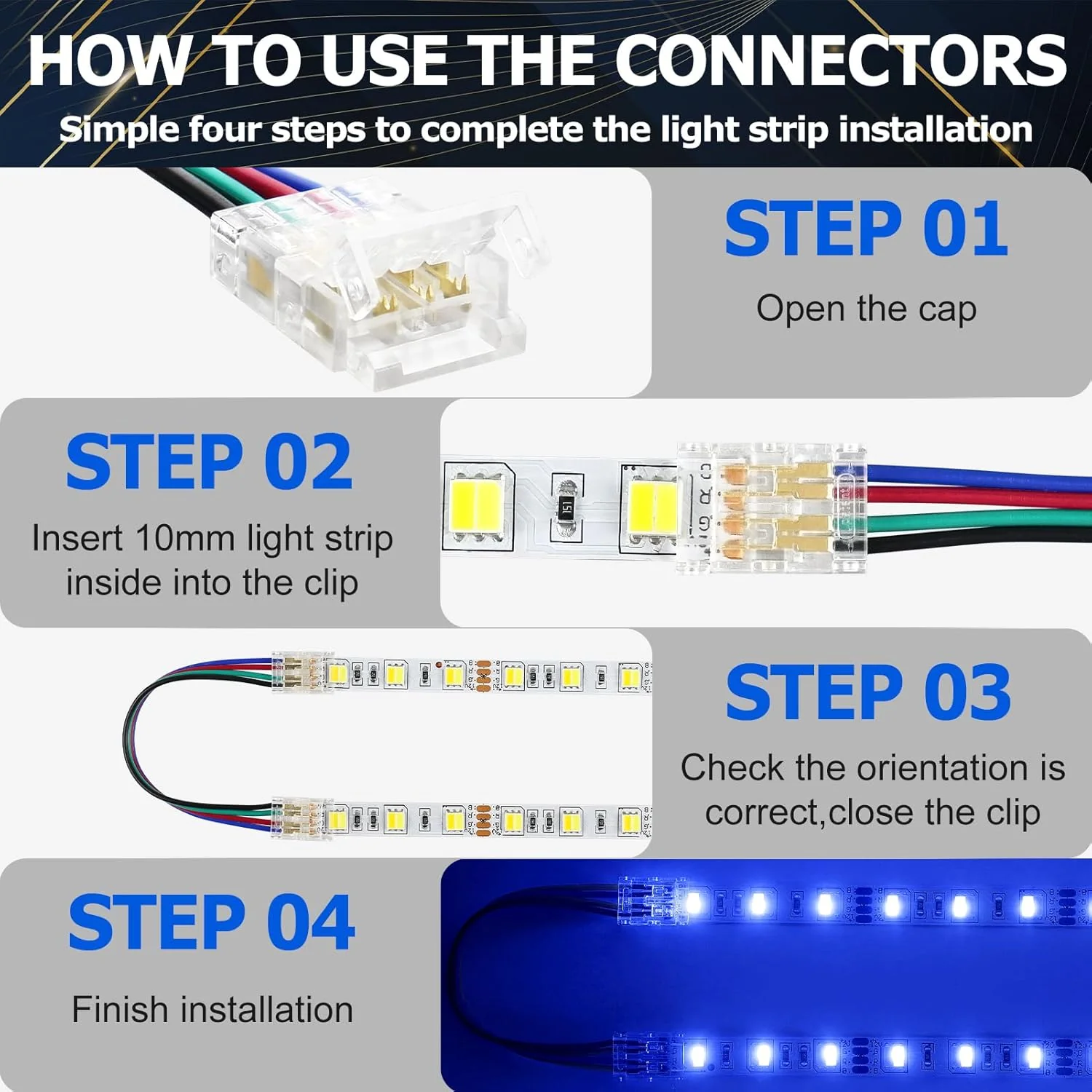 Transparent Crystal LED Strip Connectors – 10mm 4Pin Solderless Clips | Strip to Wire / Strip to Strip / Female Plug – Bulk Wholesale 500pcs MOQ | Factory Direct - Image 8