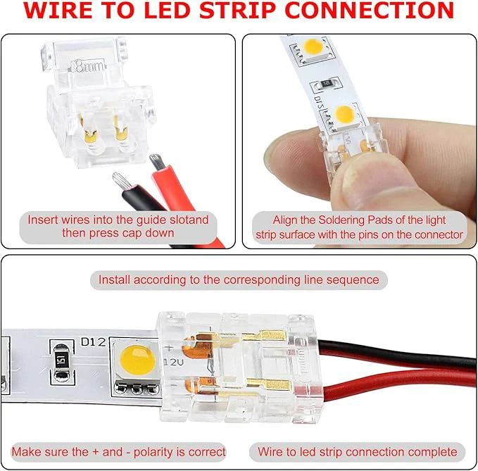 Transparent Crystal LED Strip Connectors – 8mm 2Pin Solderless Clips | Strip to Wire / Strip to Strip / DC Adapter / L – Bulk Wholesale 500pcs MOQ | Factory Direct - Image 4
