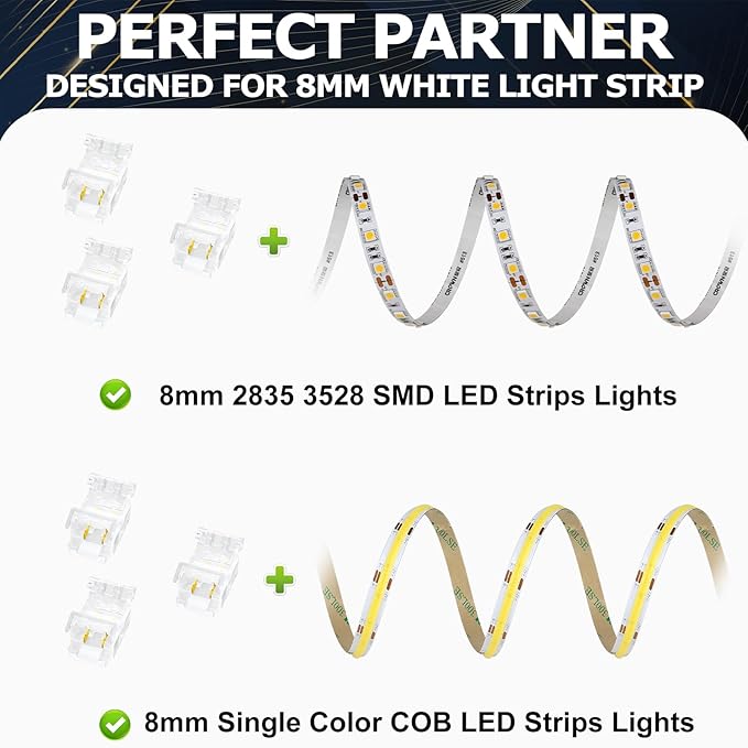 Transparent Crystal LED Strip Connectors – 8mm 2Pin Solderless Clips | Strip to Wire / Strip to Strip / DC Adapter / L – Bulk Wholesale 500pcs MOQ | Factory Direct - Image 6