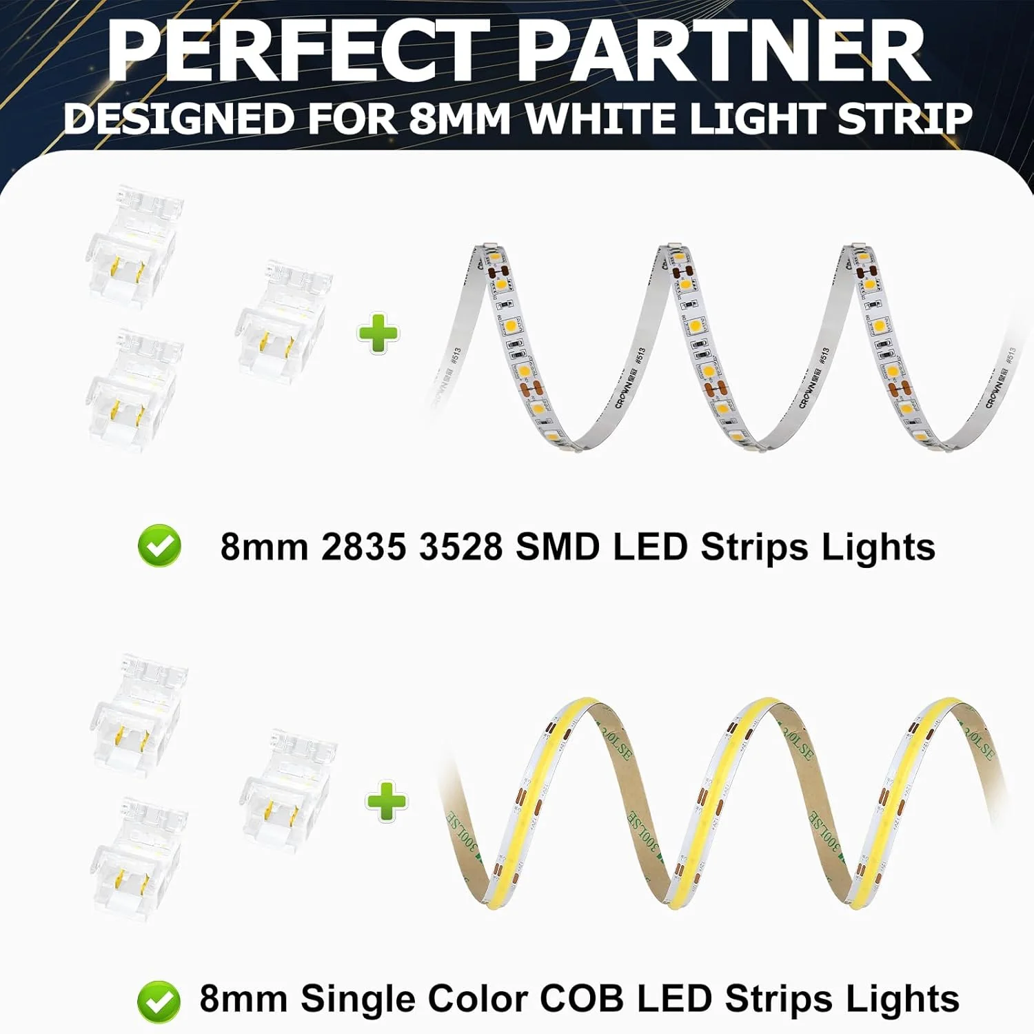 Transparent Crystal LED Strip Connectors – 8mm 2Pin Solderless Clips | Strip to Wire / Strip to Strip / DC Adapter / L – Local Stock US/UK - Image 10