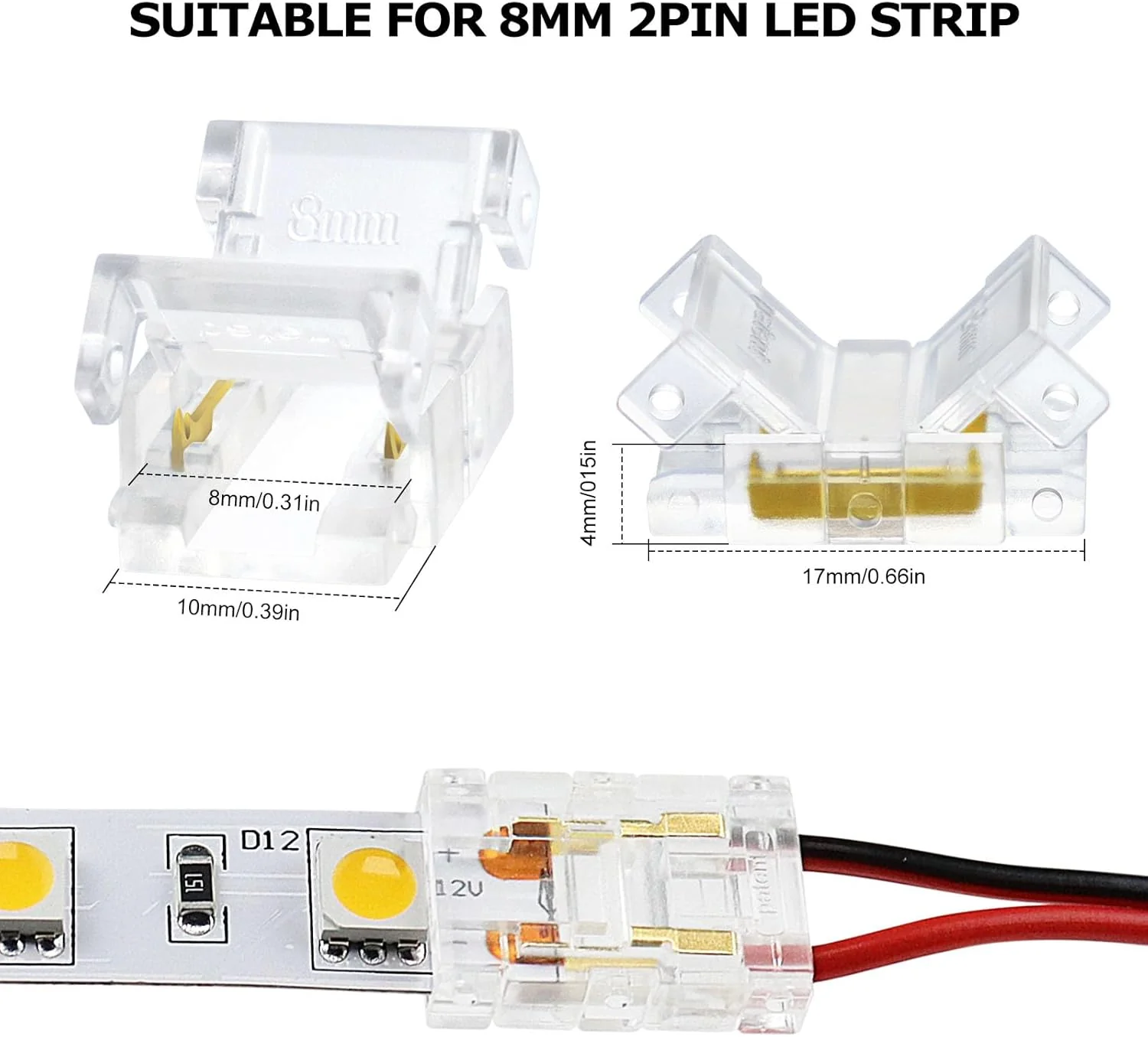 Transparent Crystal LED Strip Connectors – 8mm 2Pin Solderless Clips | Strip to Wire / Strip to Strip / DC Adapter / L – Local Stock US/UK - Image 7