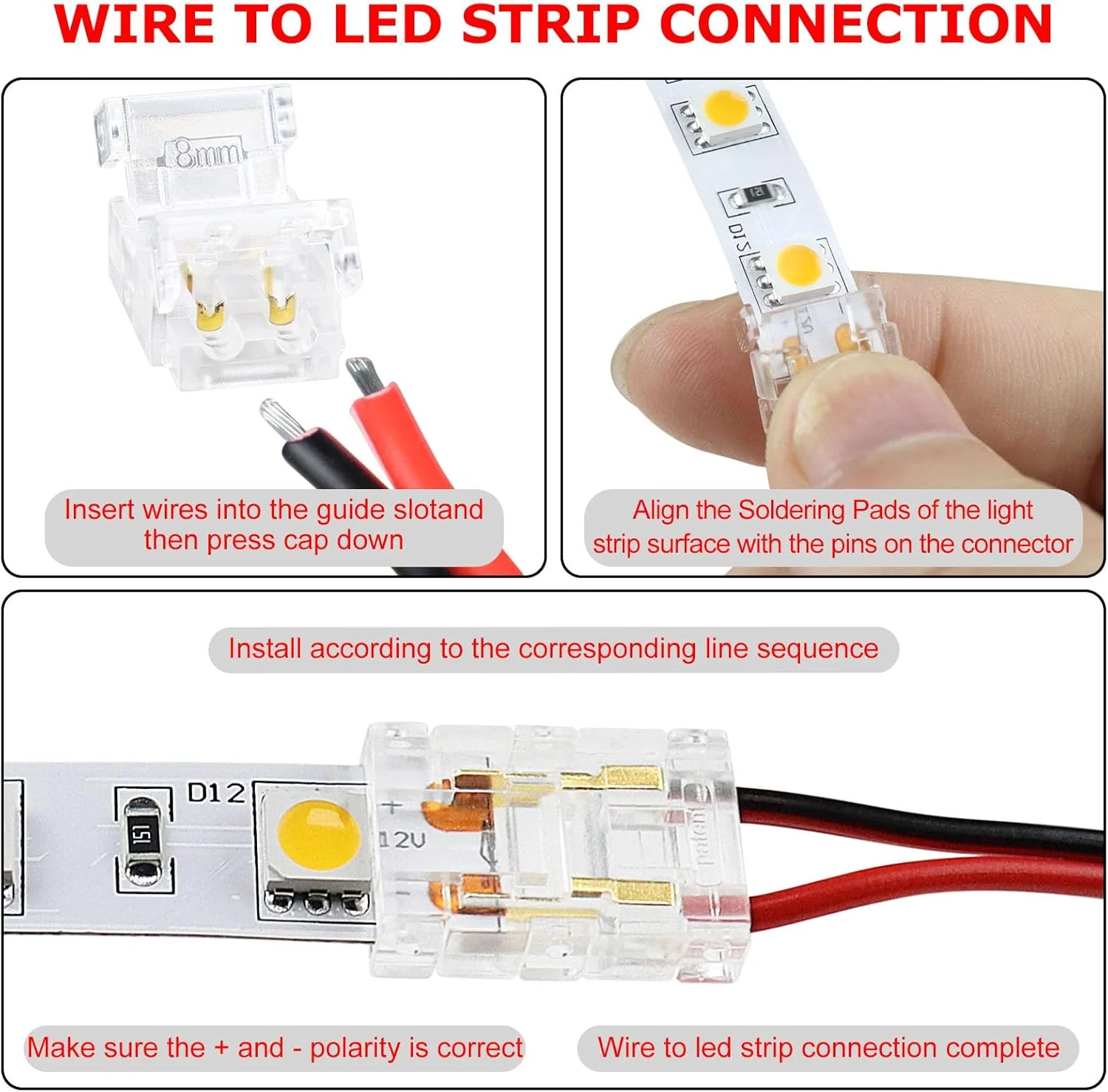 Transparent Crystal LED Strip Connectors – 8mm 2Pin Solderless Clips | Strip to Wire / Strip to Strip / DC Adapter / L – Local Stock US/UK - Image 9
