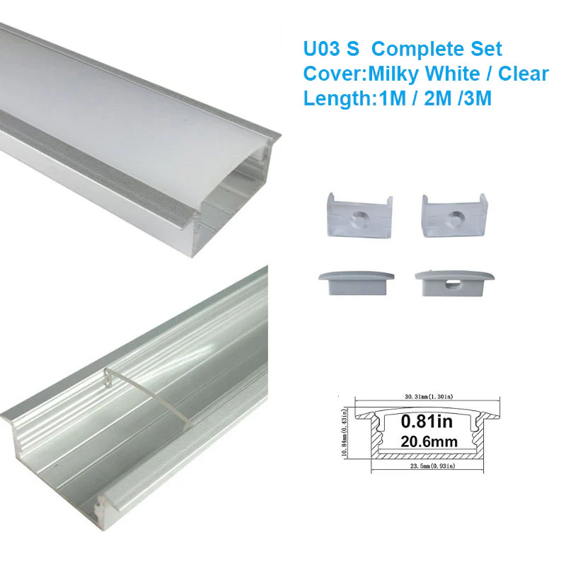 U Shape LED Channel U03-A – 20mm | Silver / Black | Milky White Cover | With Installation Accessories | – Heavy-Duty Aluminum Profile – 1m / 2m / 3m | 50 / 100-Pack - Image 3