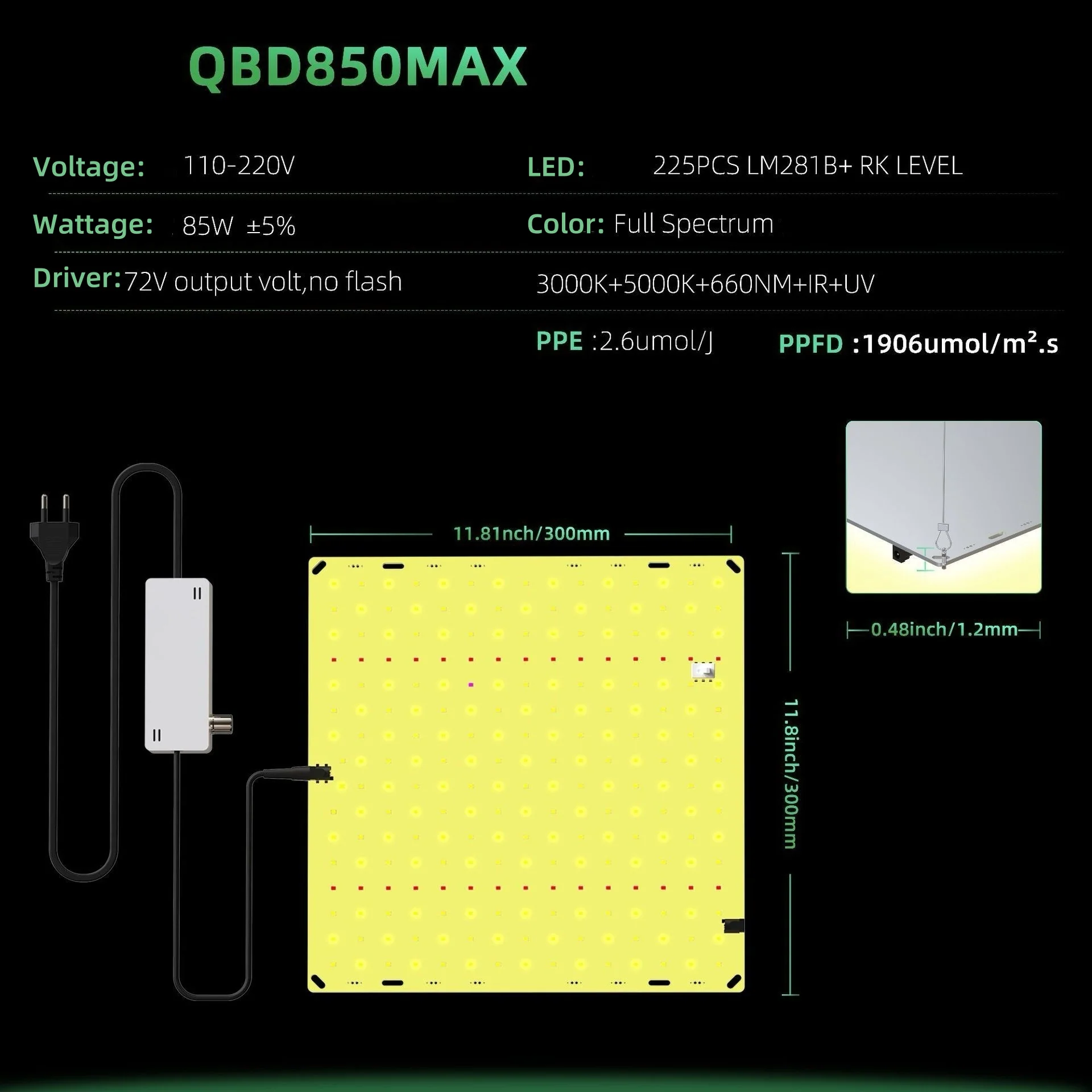 Ultra-Thin Quantum Board LED Grow Light - 65W / 85W / 120W / 150W | 0-10V Dimming | Full Spectrum | AC110 -220V | Included Hanging Rope, Dimmable Driver| Plant Grow Light for Seedling, Veg & Bloom | US / EU / UK / AU Plug - Image 7