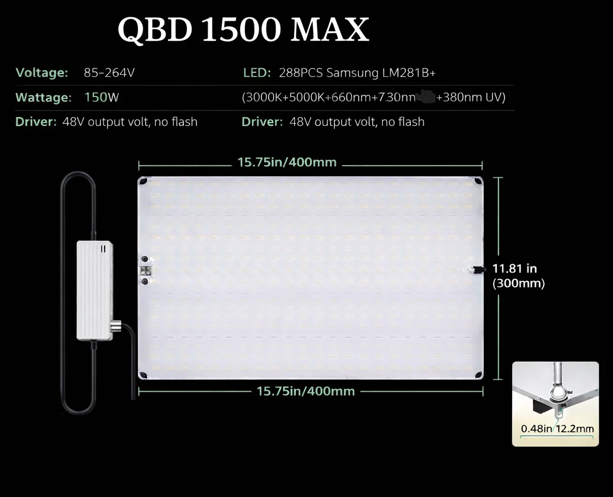 Ultra-Thin Quantum Board LED Grow Light - 65W / 85W / 120W / 150W | 0-10V Dimming | Full Spectrum | AC110 -220V | Included Hanging Rope, Dimmable Driver| Plant Grow Light for Seedling, Veg & Bloom | US / EU / UK / AU Plug - Image 9