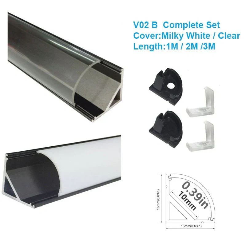 V Shape LED Channel V02-B – 10mm | Silver / Black | Milky White Cover | With Installation Accessories | – Standard Aluminum Profile – 1m / 2m / 3m | 50 / 100-Pack - Image 3