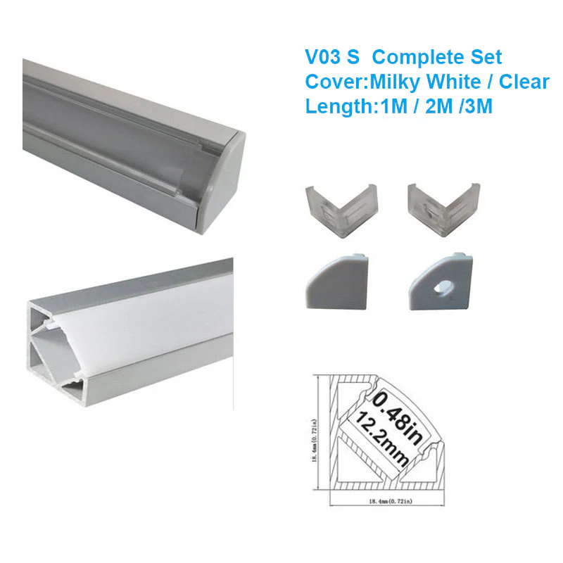 V Shape LED Channel V03-A – 12mm | Silver / Black | Milky White Cover | With Installation Accessories | – Standard Aluminum Profile – 1m / 2m / 3m | 50 / 100-Pack - Image 4
