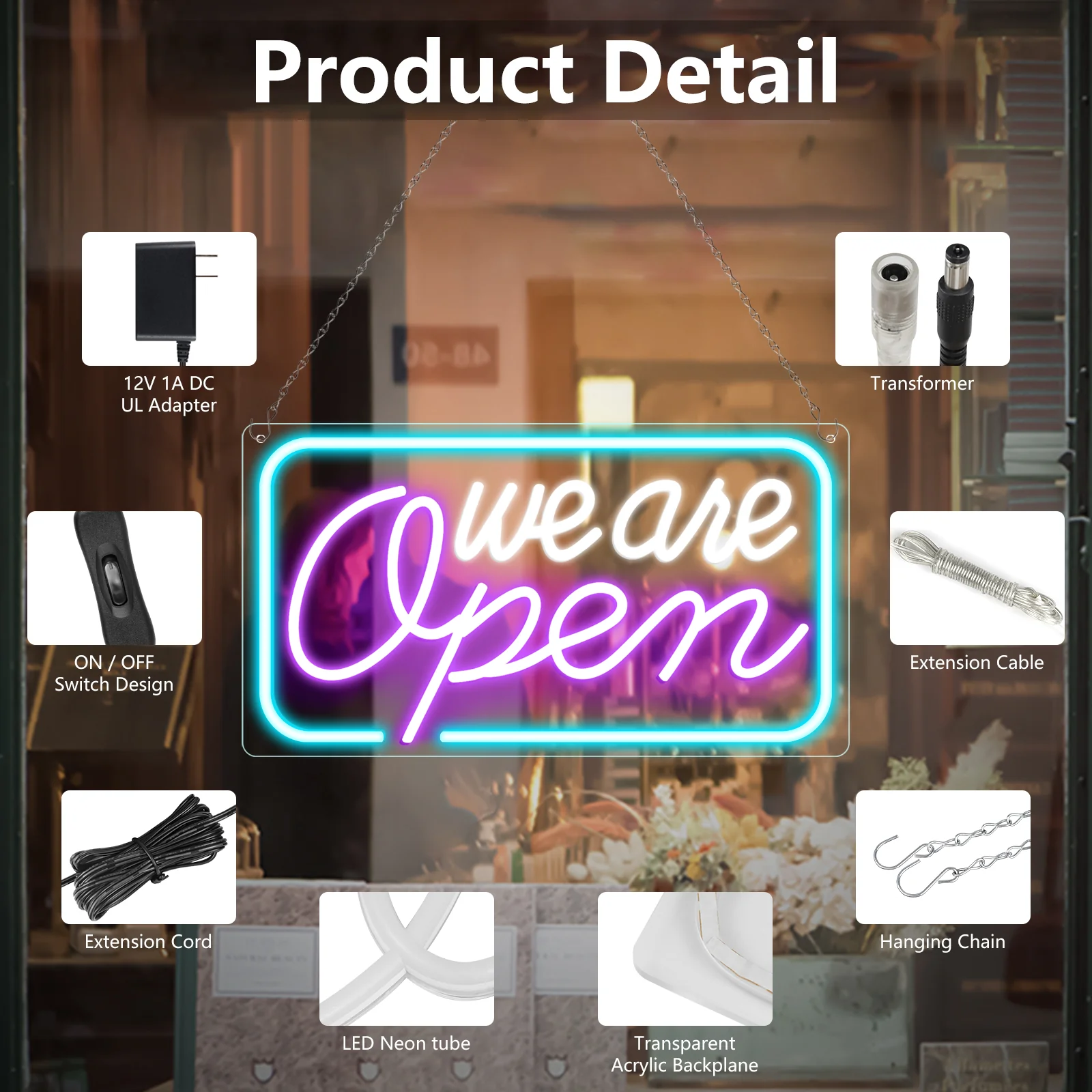 We Are Open Neon Sign – 5 Glow Color Options | 17×9 inch (42×23 cm) | Window Hanging | Plug & Play for Storefronts - Image 3