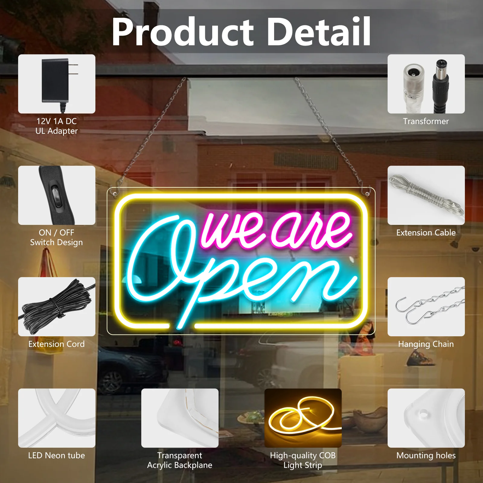 We Are Open Neon Sign – 5 Glow Color Options | 24×12.5 inch (60×32 cm) | Window Hanging | Plug & Play for Storefronts - Image 3