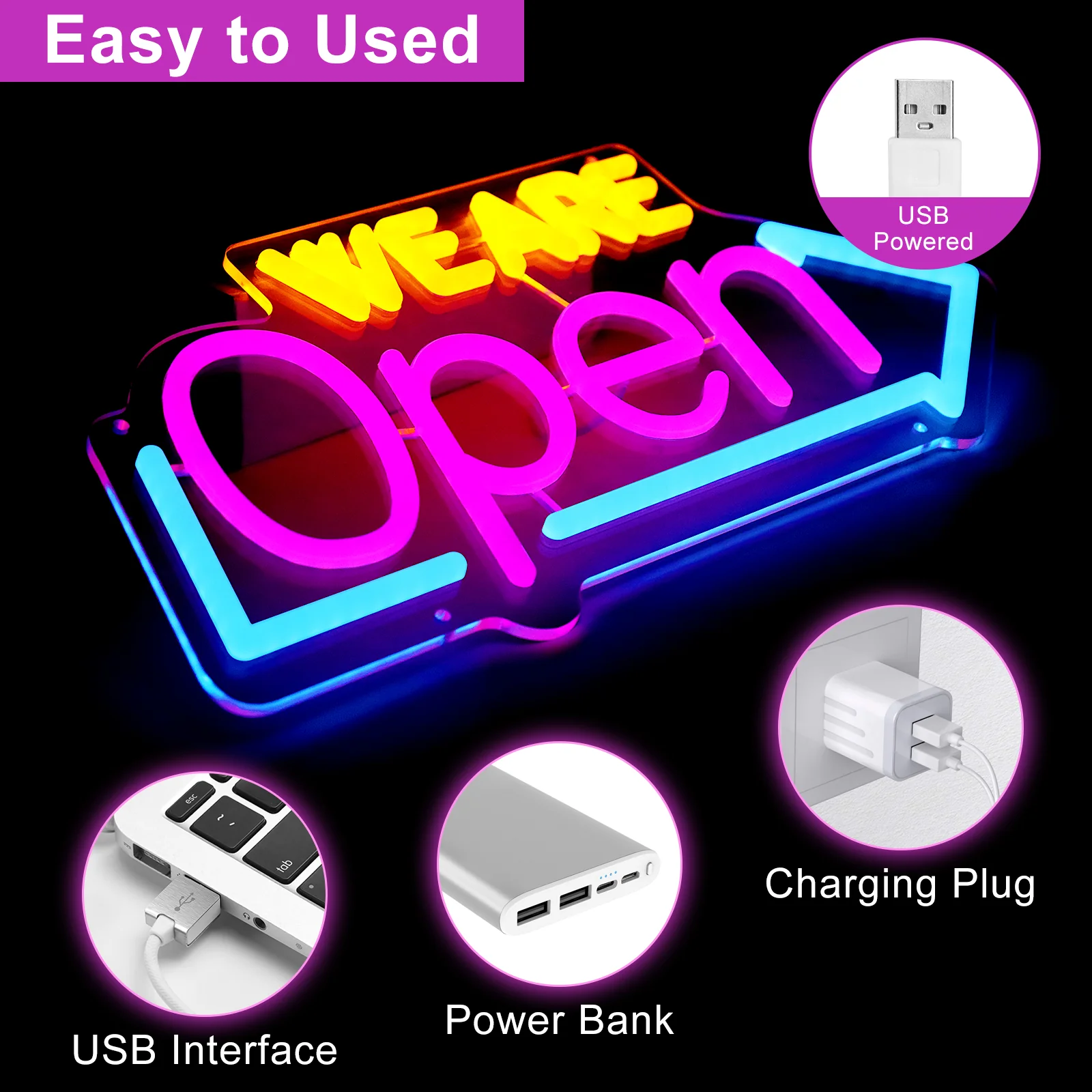 WE ARE OPEN Neon Sign – USB Powered | 16×8 inch (41×20 cm) | Arrow Shape LED Window Sign | 3 Color Combos for Storefront Display - Image 3