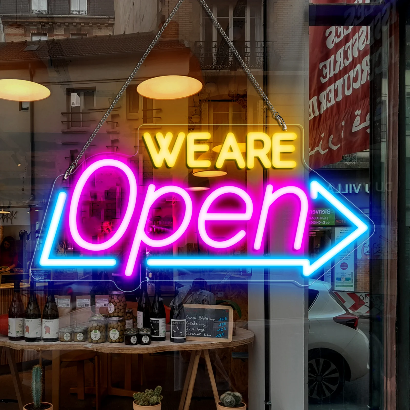 WE ARE OPEN Neon Sign – USB Powered | 16×8 inch (41×20 cm) | Arrow Shape LED Window Sign | 3 Color Combos for Storefront Display - Image 4