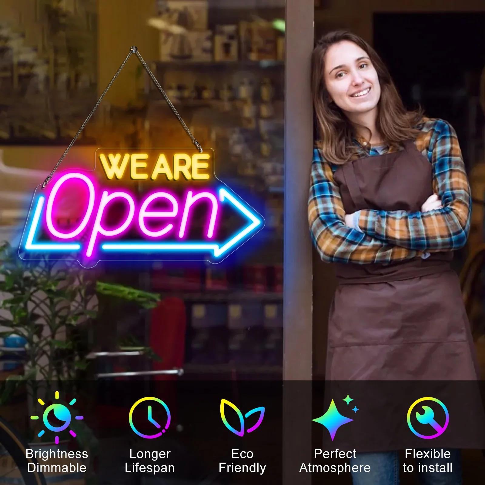 WE ARE OPEN Neon Sign – USB Powered | 16×8 inch (41×20 cm) | Arrow Shape LED Window Sign | 3 Color Combos for Storefront Display - Image 5