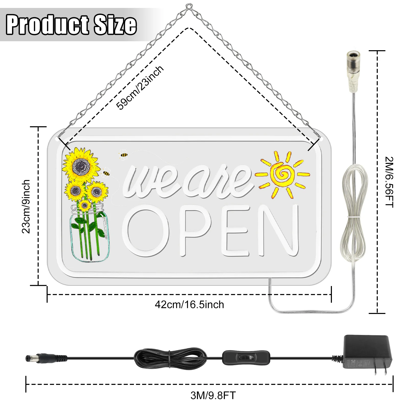 We Are Open Neon Sign with Sunflower Decor – USB Version | Warm White / Yellow & White | 17×9” / 24×13” | DC 5V LED Window Light for Business Decor - Image 5