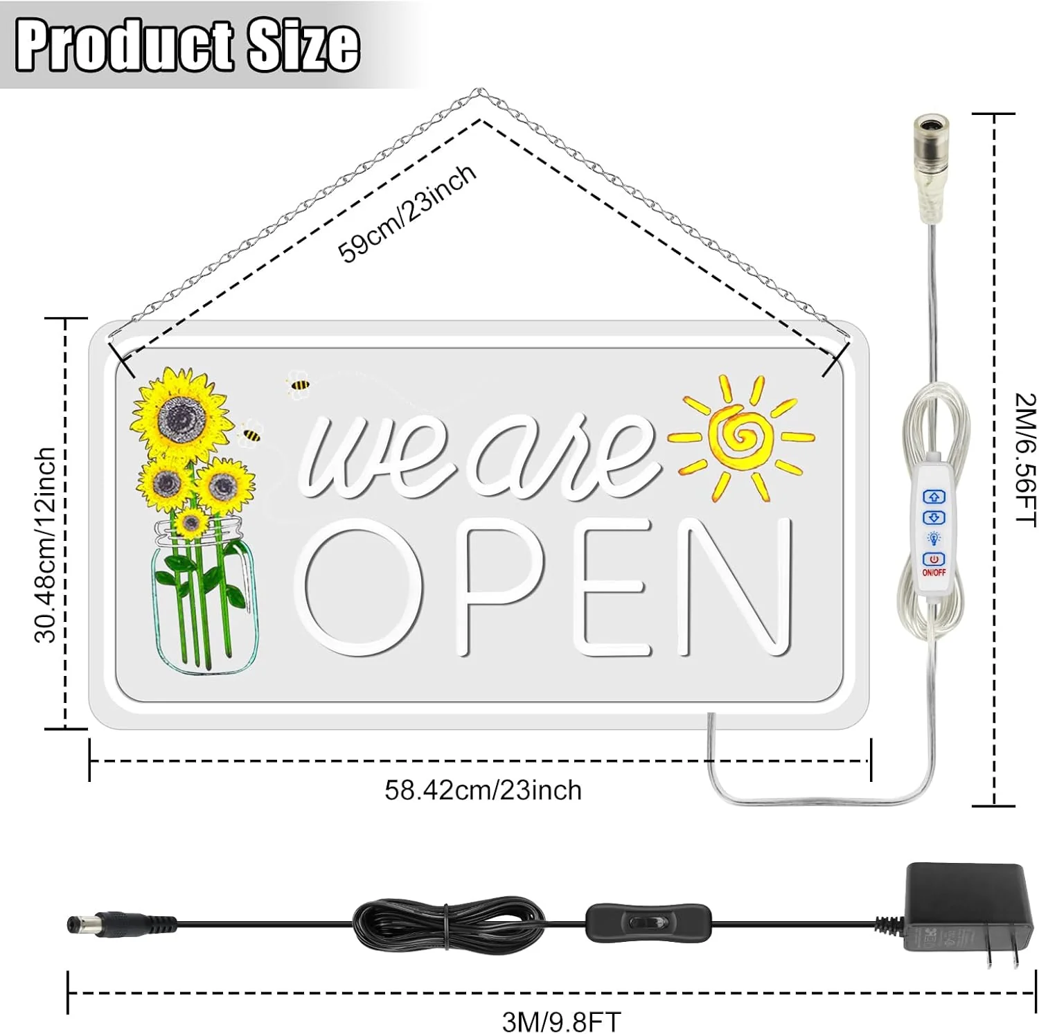 We Are Open Neon Sign with Sunflower Decor – USB Version | Warm White / Yellow & White | 17×9” / 24×13” | DC 5V LED Window Light for Business Decor - Image 6