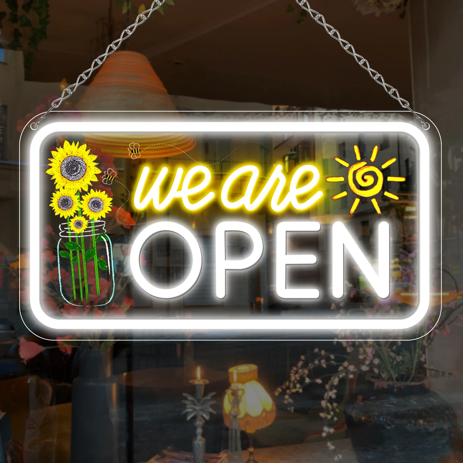 We Are Open Neon Sign with Sunflower Decor – USB Version | Warm White / Yellow & White | 17×9” / 24×13” | DC 5V LED Window Light for Business Decor - Image 8