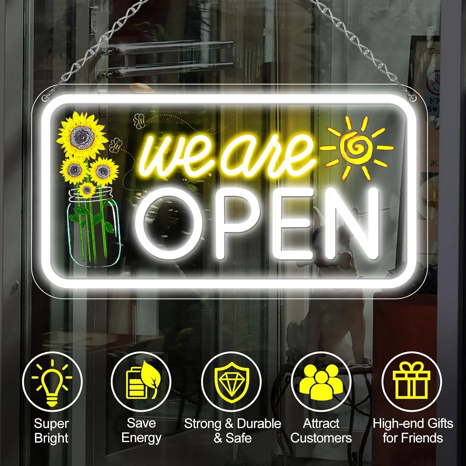 We Are Open Vertical Neon Sign – Warm White & White Glow | 17×9 / 23×12 inch |Window Hanging | Plug & Play for Storefronts - Image 5